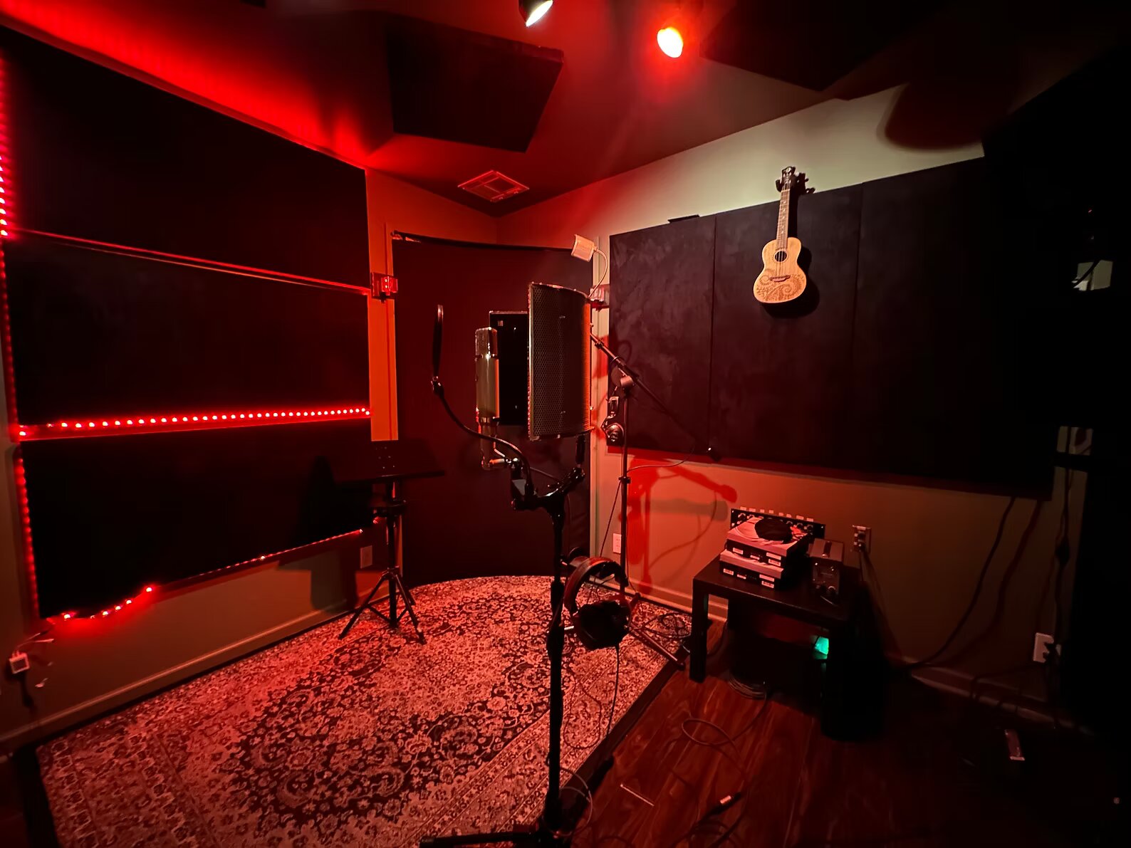 Microphone and reflection filter in the red-lit vocal booth
